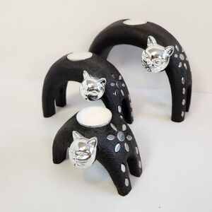 Vintage Black Silver Cat Lady Candle Holder Set Cats Unique Weird Eclectic 90s